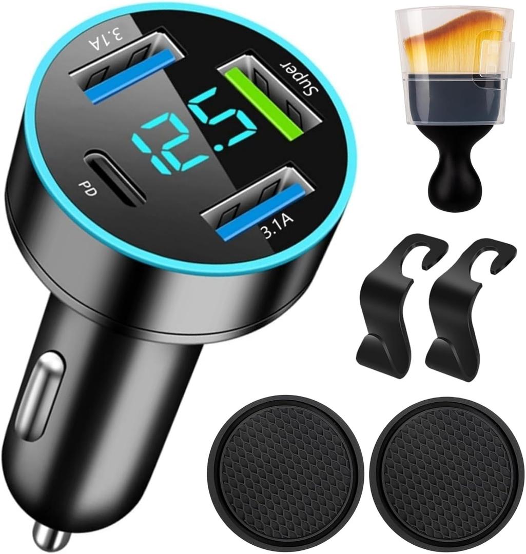88W Car Charger Super Fast Charging Cigarette Lighter USB Phone Accessories Charger Voltmeter Adapter with QC USB c Type c PD Universal Quick Charge Multi 4 Port for 12-24v Car Cigarette Lighter Plug