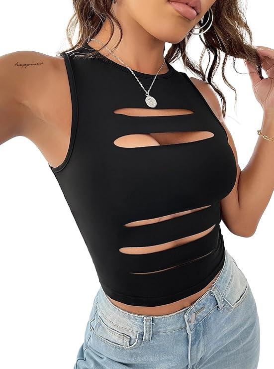 LovelyWholesale Women Sexy Cut Out Crop Tank Tops Crew Neck Summer Sleeveless Top
 XL Black 