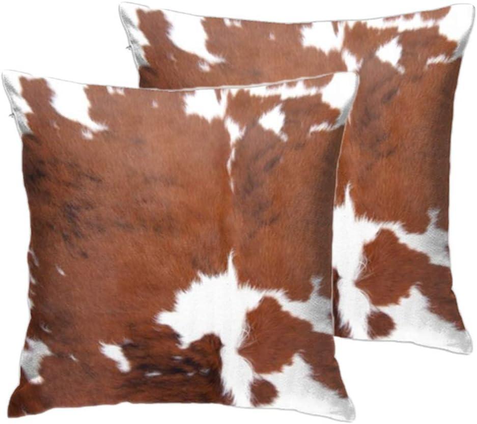Velvet Throw Pillow Covers, Soft Vintage Couch Pillow Cover, Cow Hide Cowhide Print Farm Animal Fur Square Accent Cushion Cover for Farmhouse Living Room Decor, 18x18, Brown White, Pack Of 2