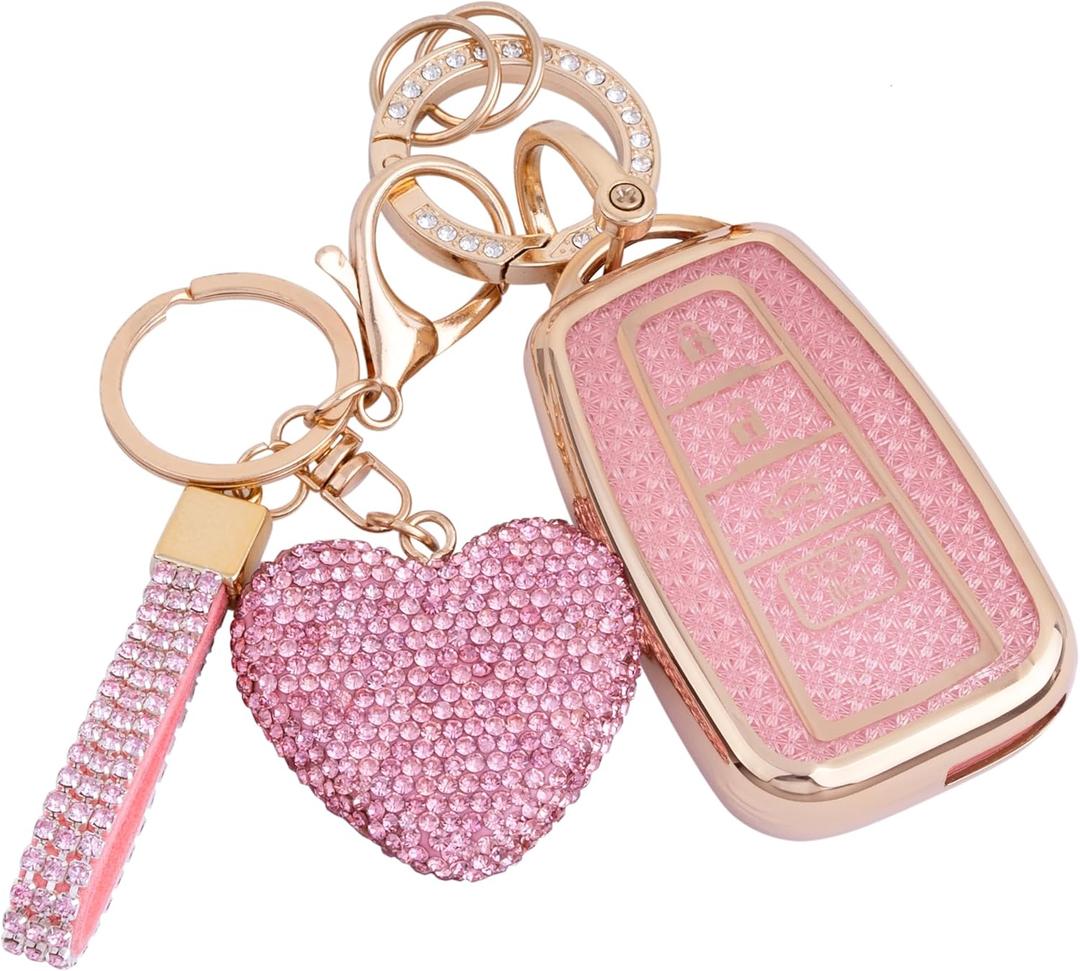 for Toyota key fob cover with Diamond Bling Keychain, Car Accessories Key holder Shell Full Protection for 2018-2024 Highlander RAV4 Camry Avalon C-HR Corolla GT86,Gold Pink