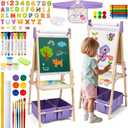 3-in-1 Kids Art Easel Set, Height Adjustable Magnetic Whiteboard & Chalkboard with Painting Paper Roll, Wooden Dual-Sided Art Station for Toddlers & Children Ages 3-8 (Art Supplies Included)