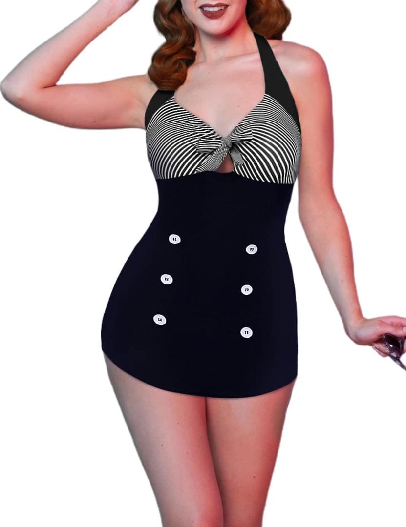 Ekouaer Womens One Piece Swimsuits Vintage Striped Skirt Bathing Suit Vintage Retro Push Up Swimwear Small