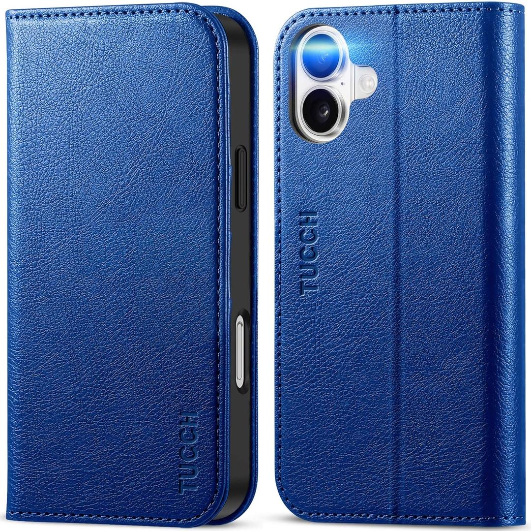 TUCCH Case for iPhone 16 Plus, PU Leather Flip Wallet Stand Folio Cover with [RFID Blocking] [3 Credit Card Slot] Shockproof [Soft TPU Interior Case] Compatible with iPhone 16 Plus, Klein Blue