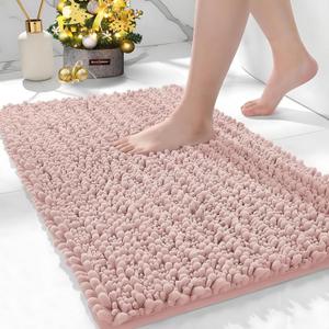 Bathroom Rugs Non Slip Washable, Extra Thick Soft Chenille Absorbent Bath Mat, High Density Barrier Non Slip Backing, Quick Dry Plush Shaggy Floor Carpet for Tub&Shower 24x17, Pink