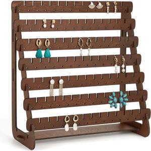 Mymazn Earring Display, Wood Earring Stand Organizer Stud Earrings Tower Jewelry Organizer Holder for Stud Hook Earrings Organizer (Walnut Color)