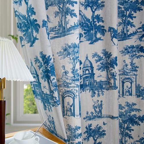 Blue Toile Curtains for Living Room 84 Inch Length 2 Panels Set Linen Toile de Jouy French Country Vintage Victorian Window Curtain Drapes for Bedroom Rod Pocket