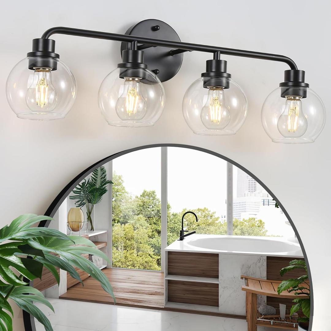 Bathroom Light Fixtures Black Vanity Light 4 Light Wall Sconces Lighting Bathroom Lights with Globe Clear Glass Shade Bath Wall Lights Wall Lamp for Mirror Kitchen Living Room Bedroom Hallway 27 Inch