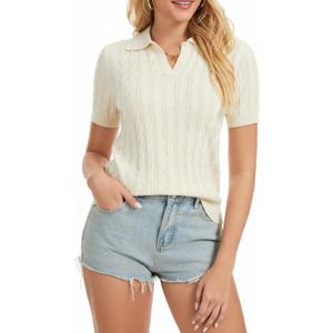 Womens Short Sleeve Sweaters V Neck Sweater Tops Cable Knit Pullover Solid Color Polo Shirt Casual Outfits, Medium