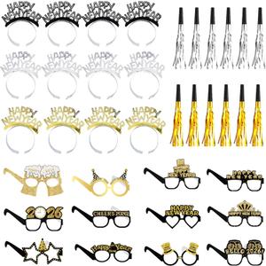 36PCS Happy New Year Decorations 2026 New Years Eve Party Supplies 2026,With 12 Happy New Year Headband Tiara,12 Noise Maker,12 New Years Glasses 2026