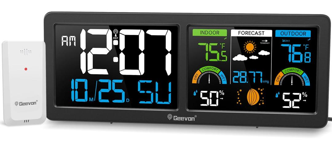 Geevon Weather Stations Wireless Indoor Outdoor Thermometer with Atomic Clock, HD Color Display Digital Temperature Humidity Monitor with Brometer, Comfort Indicator, and Adjustable Backlight