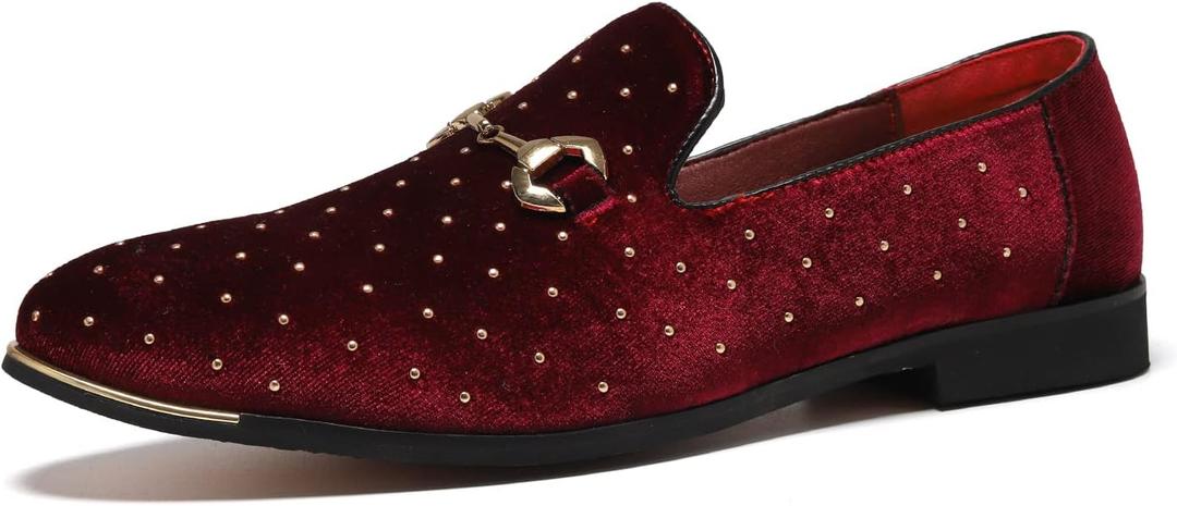 LCQL Men's Velvet Penny Loafers Slip on Party Dancing Shoes Embroidered Tuxedo Dress Shoes Pointed Toe Loafers K12 Burgundy Size 10