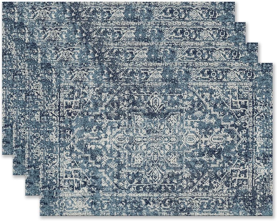 Vintage Boho Navy Blue Ethnic Placemats Set of 4 12x18 Inch, Distressed Boho Blue Table Mats Washable Placemat for Home Party Kitchen Dining Room Decoration