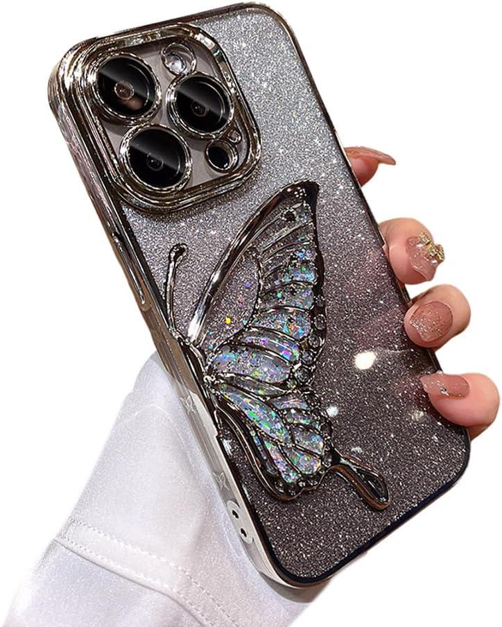 Designed for iPhone Case,Luxury Electroplated Liquid Floating Gradient Glitter Quicksand Butterfly Clear Shockproof Protective Cover Phone Case (Silver,iPhone 13 Pro Max)