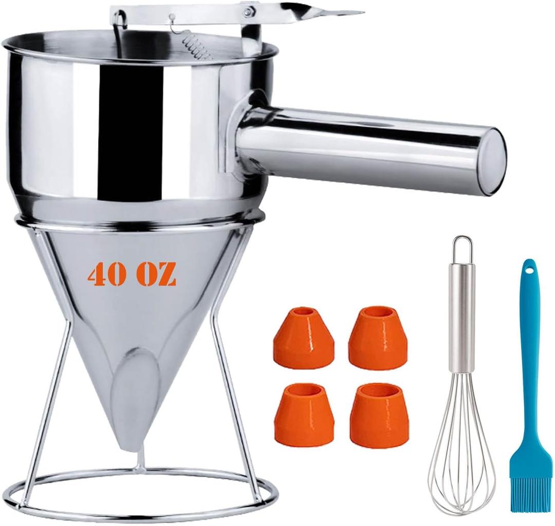 40oz Stainless Steel Pancake Batter Dispenser, Funnel Cake Dispenser with Squeeze Handle and Bracket, Pancake Dispenser for Pancakes, Cupcakes, Takoyaki and Baked Goods (40 oz)