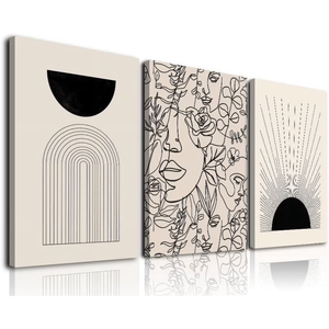 Minimalist Boho Wall Art Set of 3, Abstract Wall Art Black Beige Sunrise Women Line Wall Decor, Mid-Century Modern Art Print, Boho Room Decor -12"x16", Framed