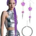 Half and Half Purple Braid Ponytail Wig + Necklace + Earrings 41.3'' Long Braided Purple Anime Cosplay Wig for Women Party Halloween Costumes