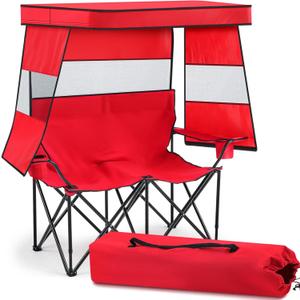 Juexica Double Camping Chair with Shade Canopy, 2 Person Folding Beach Chair with Cup Holder Carrying Bag, Heavy Duty Steel Frame Collapsible Camp Chairs for Outdoor Garden Patio Lawn Sports (Red)