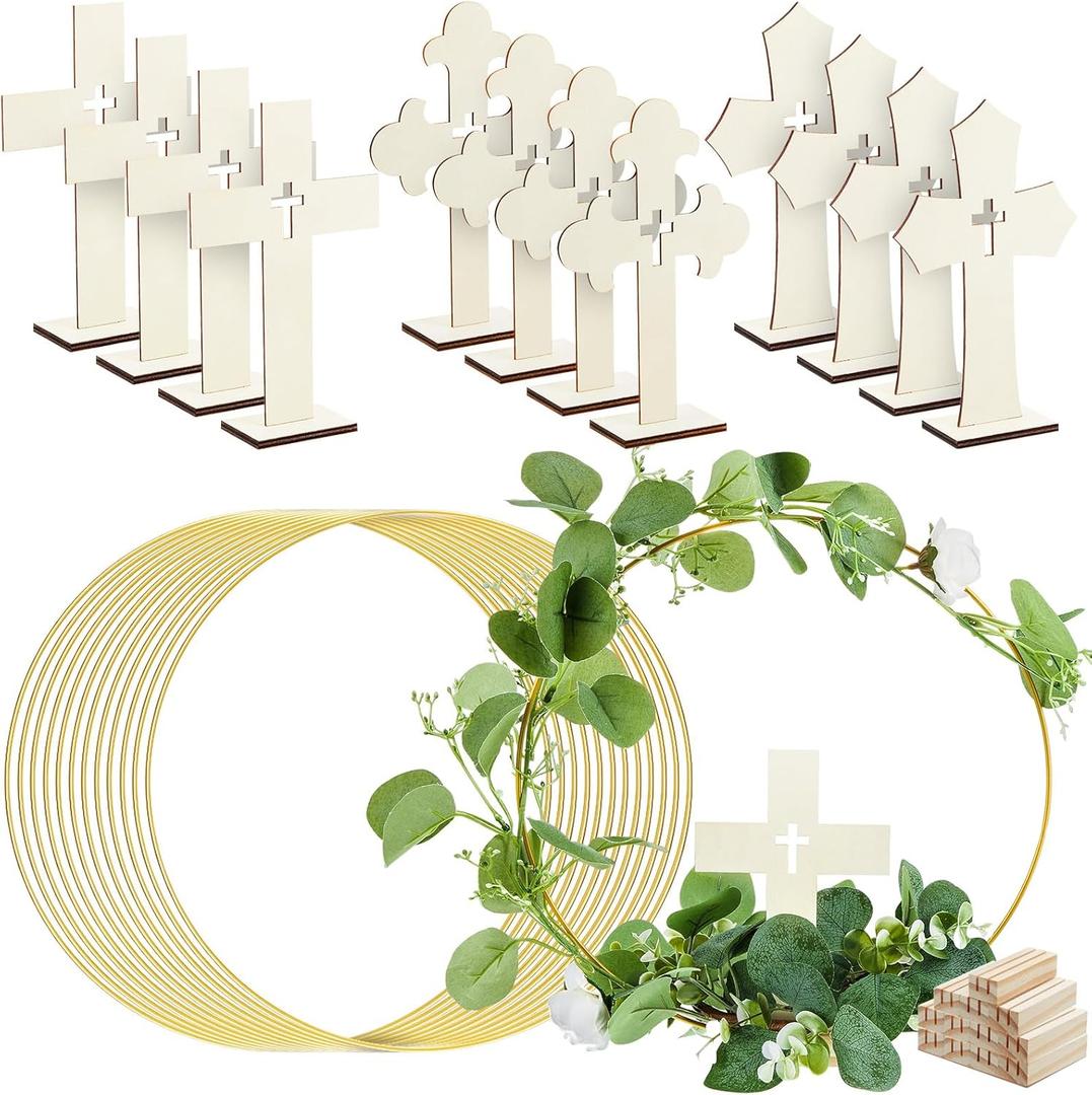 Wesiti 24 Pcs Baptism Centerpieces for Tables 12 Wood Crosses 12 Metal Floral Hoop Centerpiece with Stand Wooden Cross for Baptism Party Wedding Craft(Wood Color,Novel)