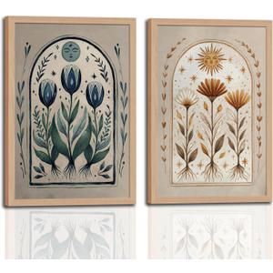 Boho Wall Art Set of 2 with Wooden Frame Vintage Moon and Sun Floral Prints, Earthy Tone Botanical Painting, Cottagecore Framed Picture Wall Decor 16x24 Inch