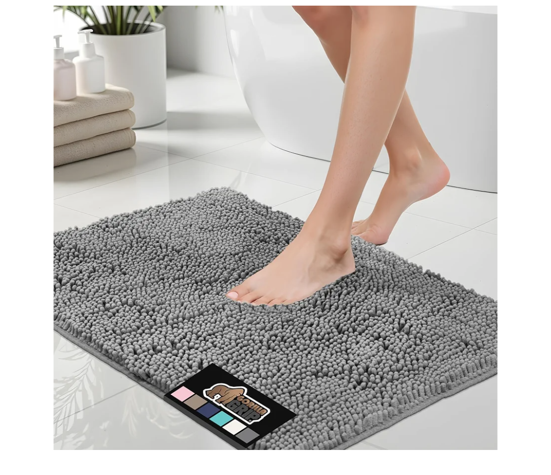 GORILLA GRIP Bath Rug Mat, Thick Soft Absorbent Chenille, Quick Dry Microfiber Mats, Rubber Backing Machine Washable Shower Floor Rugs, Bathmat Runner, Bathroom Home Decor Accessories, 24x17, Grey