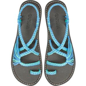 Capana Woven Women's Flat Sandals - Strappy Braided Sandals, Beach Sandals for Women Dressy Summer, Rope Bohemian Sandals, Spring Casual Womens Shoes, Comfy Boho Flats for Teen Girls Commune (12), Turquoise Sky Blue 