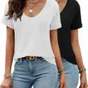 Riyiper 2 Pcs Women's Tops, Deep V Neck Short Sleeve Tops Casual Solid Loose T Shirt Summer Tees for Women (L)