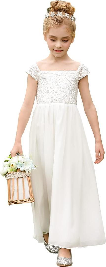 Flower Girl Dress A-Line Chiffon Dress for Girls Birthday Wedding Party Communion Dresses (White, 8-9Y)
