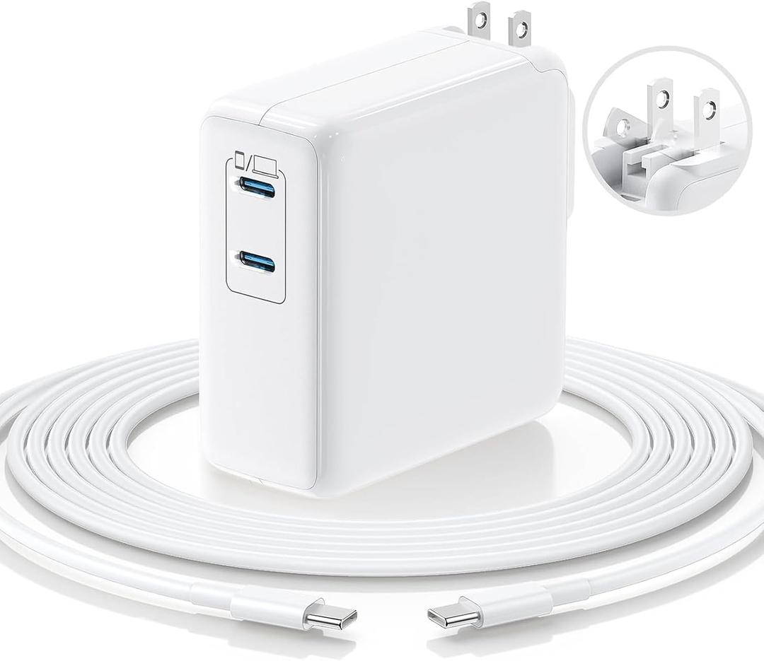 Essri MacBook Pro Charger,75W USB C Charger with Foldable Plug,Dual 75W Ports Fast Charging for MacBook Pro Air,iPad Pro,iPhone 17/16/15,Includes 10FT USB C to C Cables - White