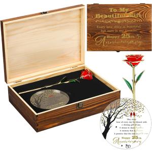 25th Anniversary Wedding Gift Set for Wife Engraved Wooden Gift Box Set 'to My Beautiful Wife' Includes 24k Gold Dipped Rose Acrylic Decoration for Wife Women Birthday Wedding Souvenir
