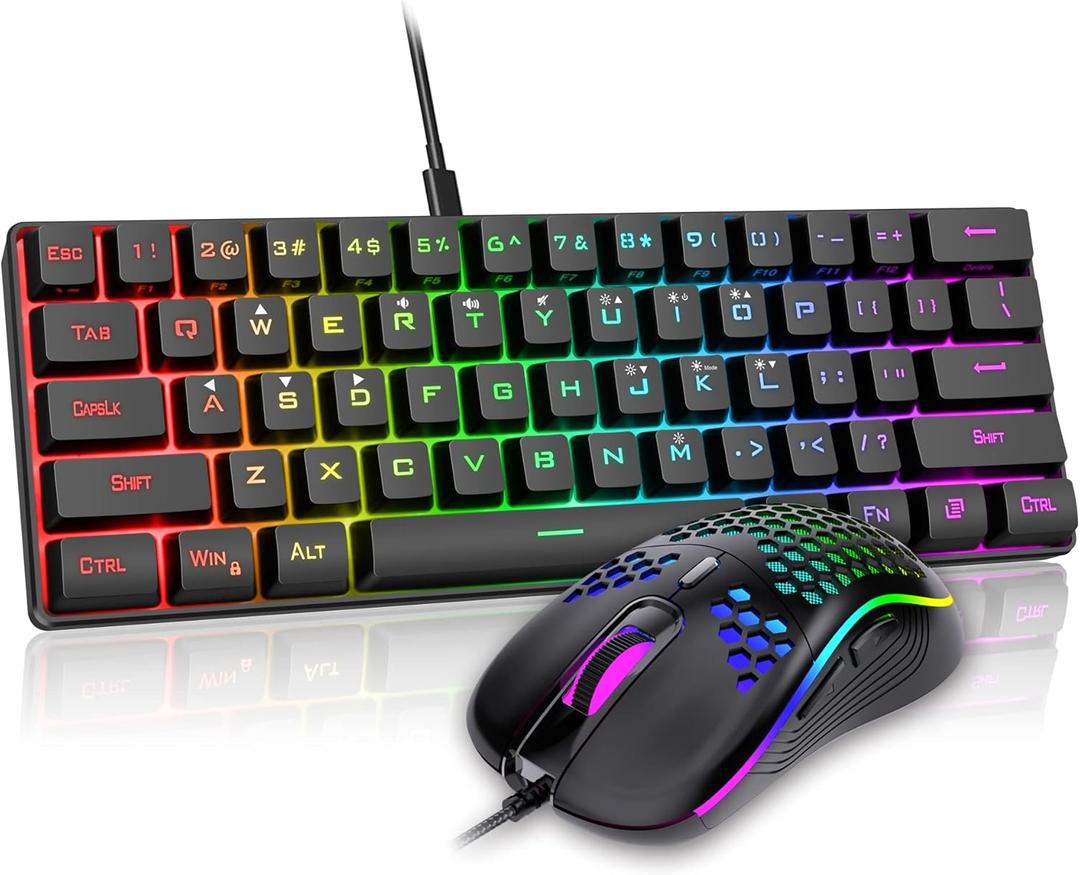 RedThunder 60% Gaming Keyboard and Mouse Combo, Ultra-Compact 61 Keys RGB Backlit Mini Keyboard, Lightweight 7200 DPI Honeycomb Optical, Wired Gaming Set for PC MAC PS5 Xbox Gamer(Black)