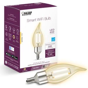 Feit Electric CFC40/927CA/FIL/AG 40 Watt Equivalent WiFi Dimmable, No Hub Required, Alexa or Google Assistant, Flame Tip Filament Chandelier LED Smart Light Bulb, 4.3" H x 1.4" D, 2700K Soft White