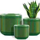 KERUITA Ceramic Plant Pots Set of 3 – Square Indoor Planters with Drainage Hole, Mesh Pad & Stopper – Decorative 5/7/9 Inch Flower Pots for Home Office-Green