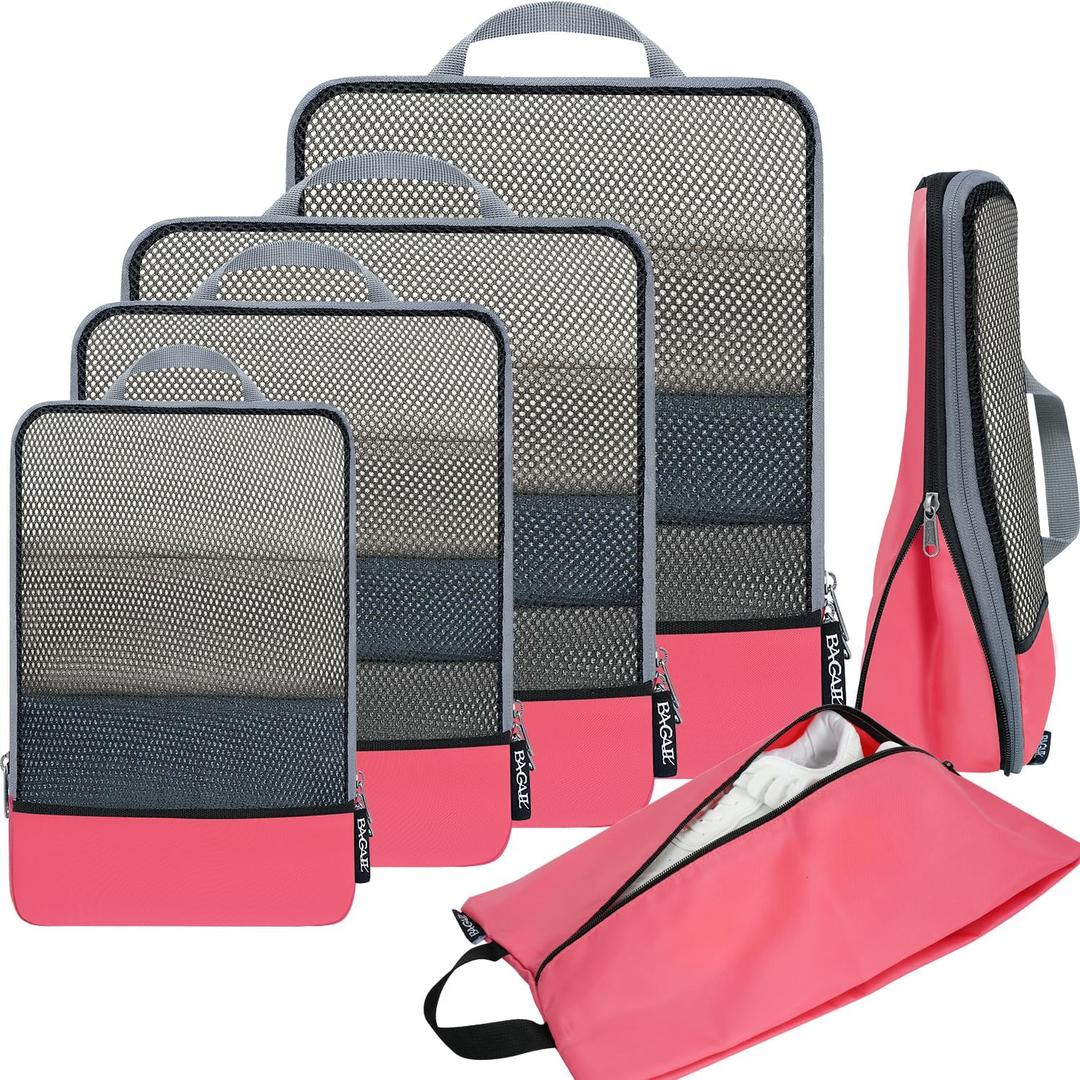 BAGAIL 4 Set/6 Set/8 Set Compression Packing Cubes Travel Accessories Expandable Packing Organizers (Half Mesh, 6-Coral)