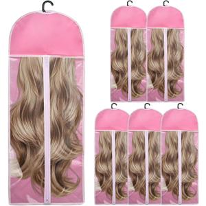 5Pcs Extra Long Hair Extension Holder Wig Storage Bag with Hanger Wig Storage for Multiple Wigs Holder Dust-Proof Portable Suit, Home Salon Travel Accessories, Pink