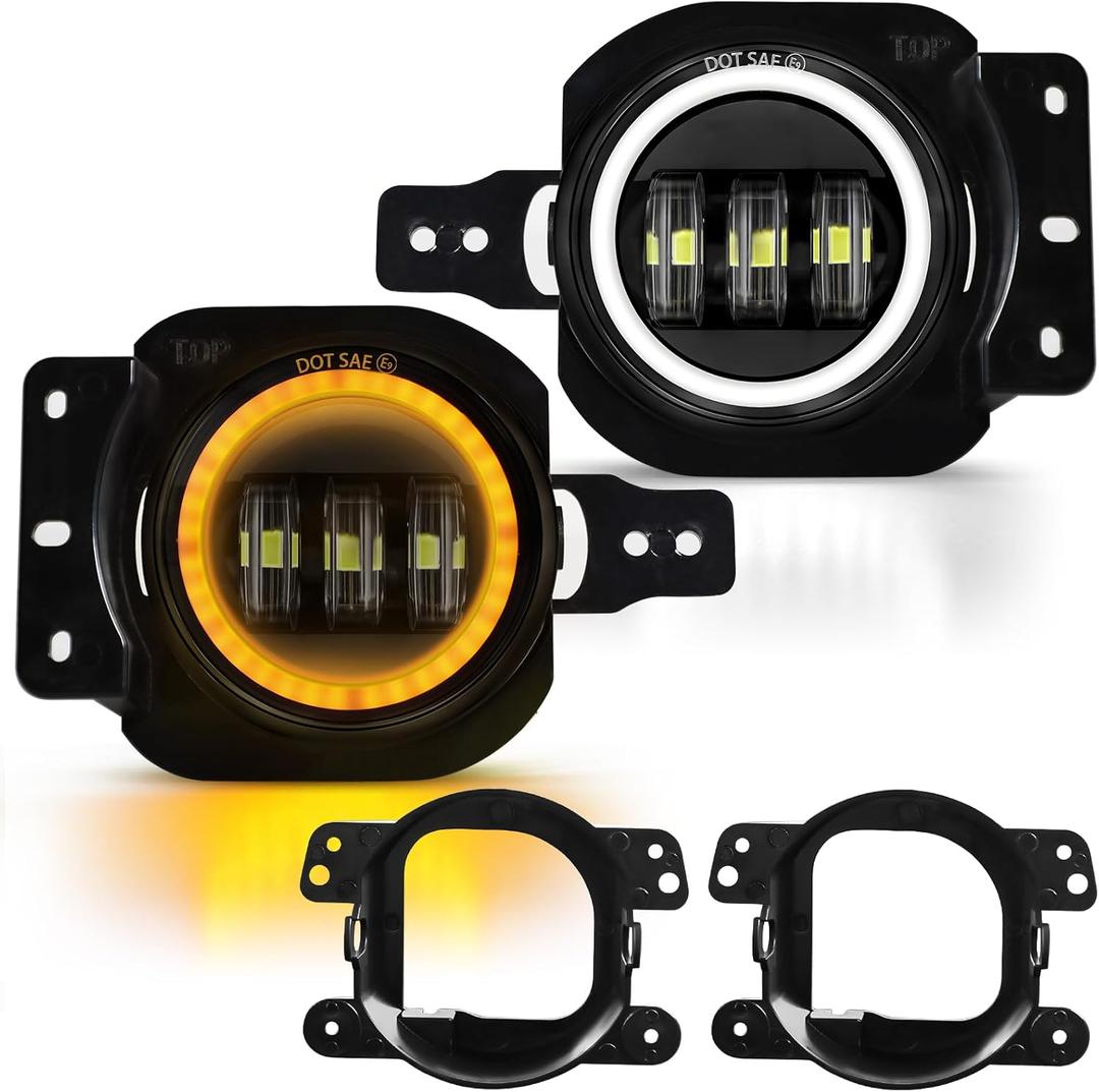 4 Inch Led Fog Lights Round White with DRL Halo Amber Turn Signal Fit for 2018-2025 Jeep Wrangler JL JLU Gladiator, DOT Approved Front Bumper Fog Lamps Accessories Replacement, Plug & Play