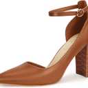 SM NEW YORK Pointed Toe Ankle Strap Dress Pumps Shoes Chunky Heels Pumps for Women color Congnac 8.5
