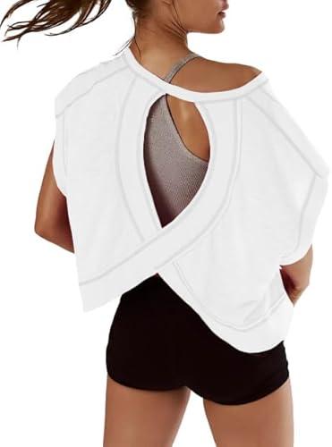 Kumufenc Women Short Sleeve Workout Shirts Open Back Tops Casual Yoga Y2k Athletic Gym Slouchy Crop Running Tees M
