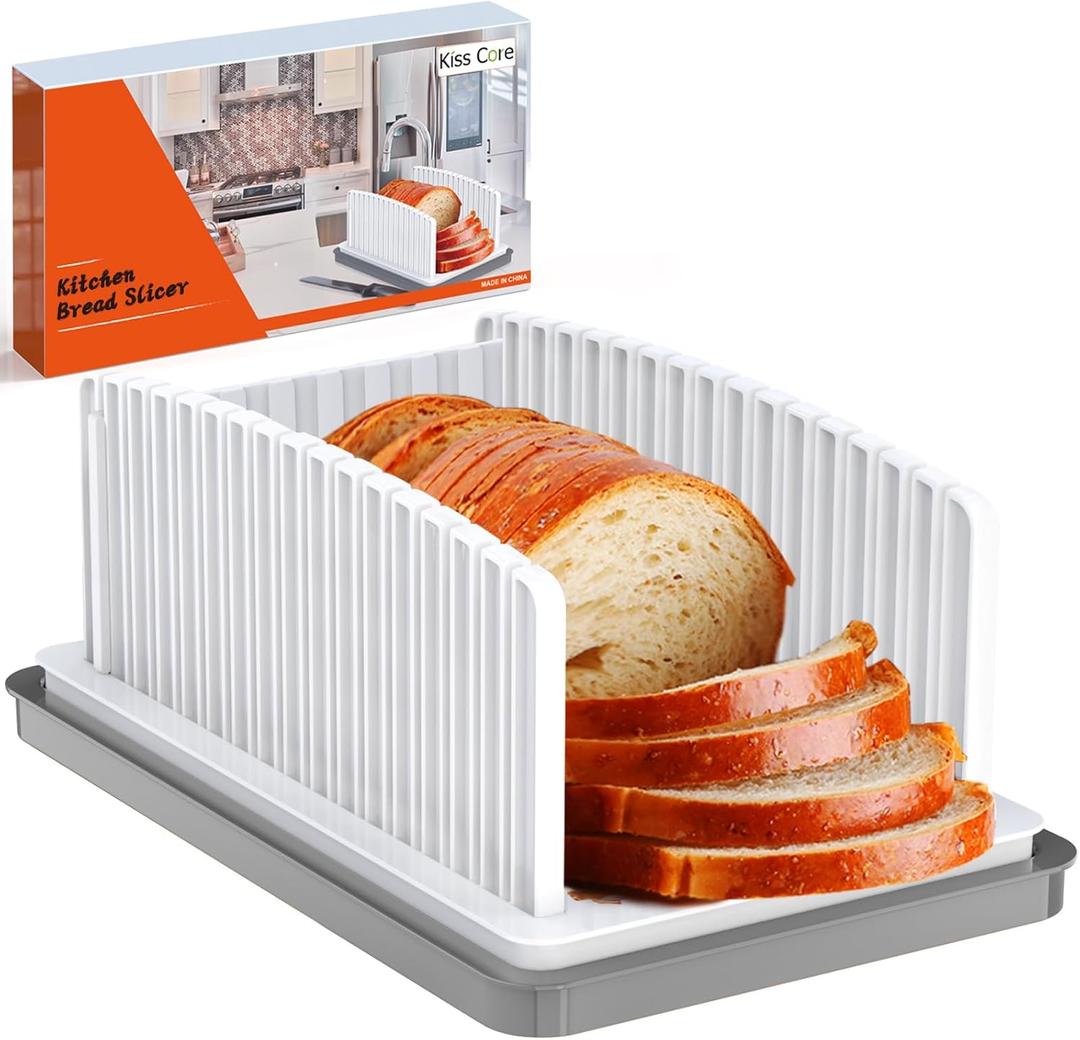 New Upgrade Bread Slicer for Homemade Bread, Bread Slicing Guide Adjustable Width, Foldable and Compact Cutting Guide with Crumb Tray, Suitability for Homemade Bread, Bagels, Cakes