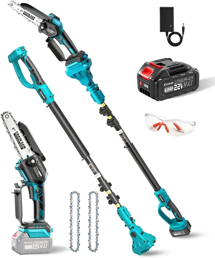 Saker 2-in-1 Electric Pole Saw,6 Inch Brushless Mini Chainsaw,Cordless Pole Saw Battery Powered with 22V 4.0Ah Battery,Extension Pole Saws for Tree Trimming (1 Battery)