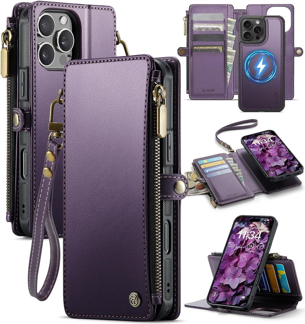 for iPhone 16 Pro Max Wallet Case Magnetic [Compatible with Magsafe] [RFID Blocking Card Holder] [Zipper] Strap Detachable Drop-proof Protective Phone Cases for iPhone 16 Pro Max 6.9", Purple