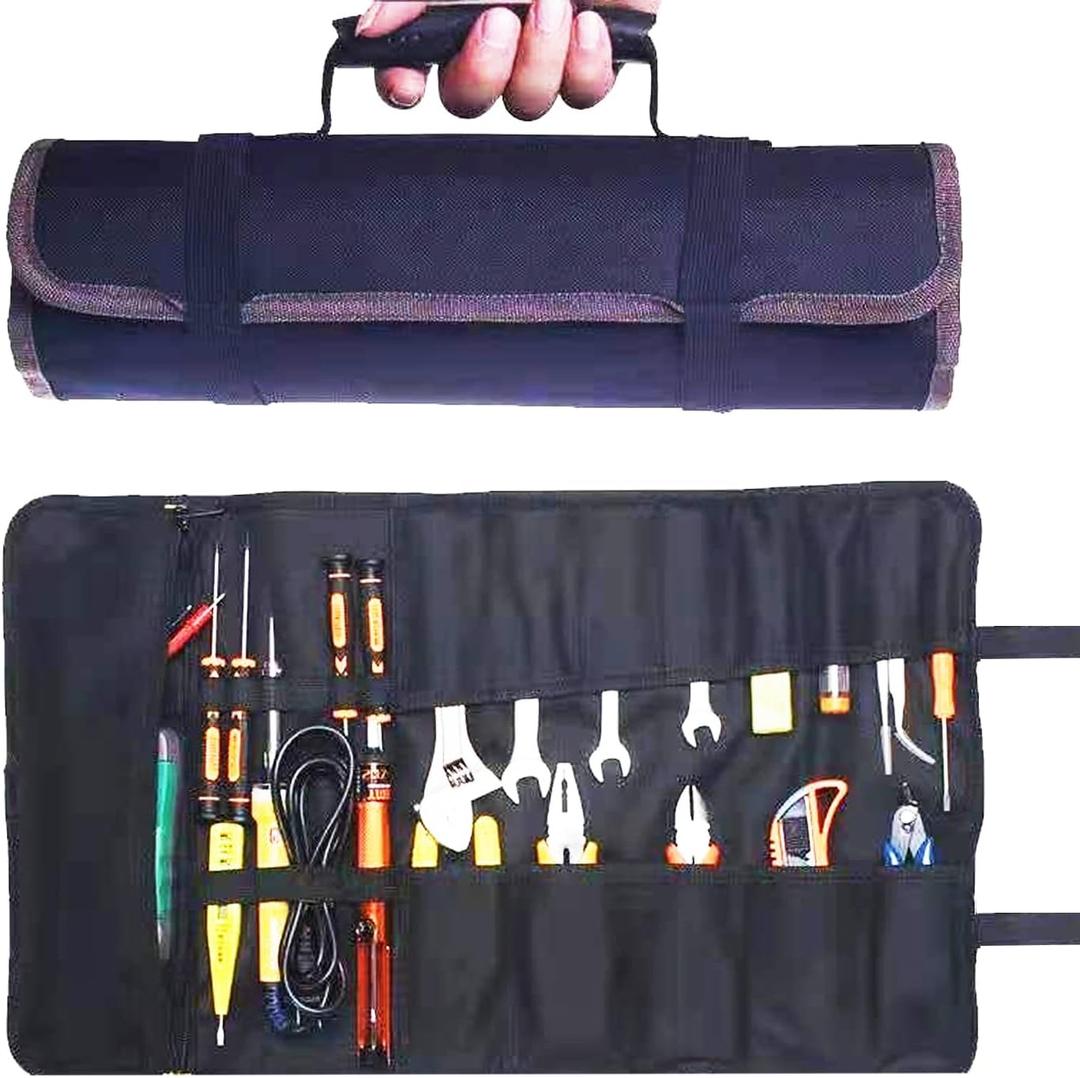 23 Pocket Tool Roll Up Bag for Wrenches & Spanners - Heavy Duty Oxford Organizer Pouch with Elastic Loops & Zipper Pocket, Portable Mechanic Storage Case for Motorcycle Truck Emergency Kit