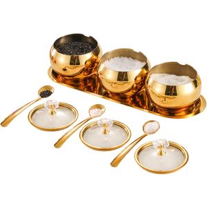 304 Stainless Steel Seasoning Containers Set, Condiment Jar Spice Container with Lid Spoon and Tray (Golden)
