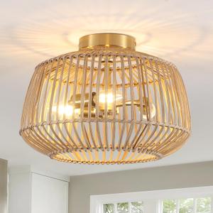 3-Light Rattan Semi Flush Mount Ceiling Light, 14.1"Hand Woven Natural Rattan Cage Light Fixture, Farmhouse Gold Ceiling Lamp for Bedroom, Hallway, Kitchen, Living Room,Dining Room, Entryway E12 Base