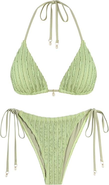 ZAFUL Textured Halter Bikini for Women 2 Piece Triangle Bikini Sets Sexy High Cut Bathing Suit Side Tie Swimsuits L