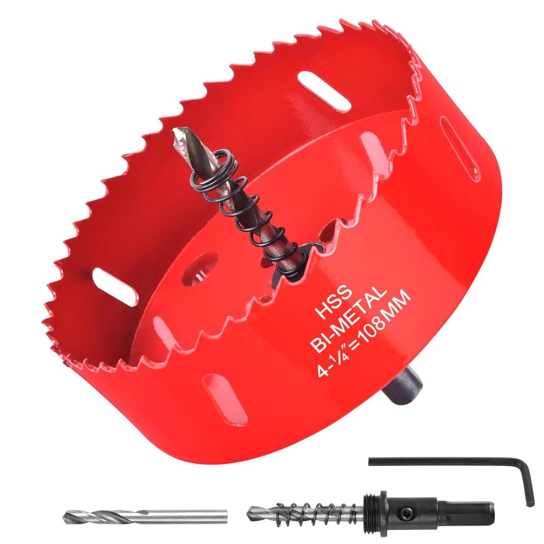 4-1/4Inch / 108mm Hole Saw for Wood, Plastic Board, Ceiling,Drywall, and Metal Sheet - HSS Bi-Metal Hole Cutter with Pilot Drill Bit
