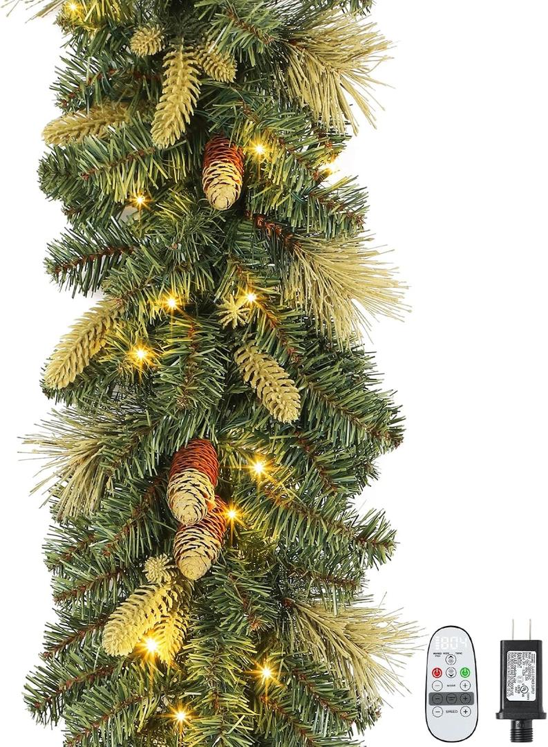 SHareconn 9FT Prelit Greenery Christmas Garland with Pine Cones Decorations and Multi-Color LED Lights Plug in, Lighted Garland for Mantle Fireplace Table Indoor Xmas Decor, 9 FT