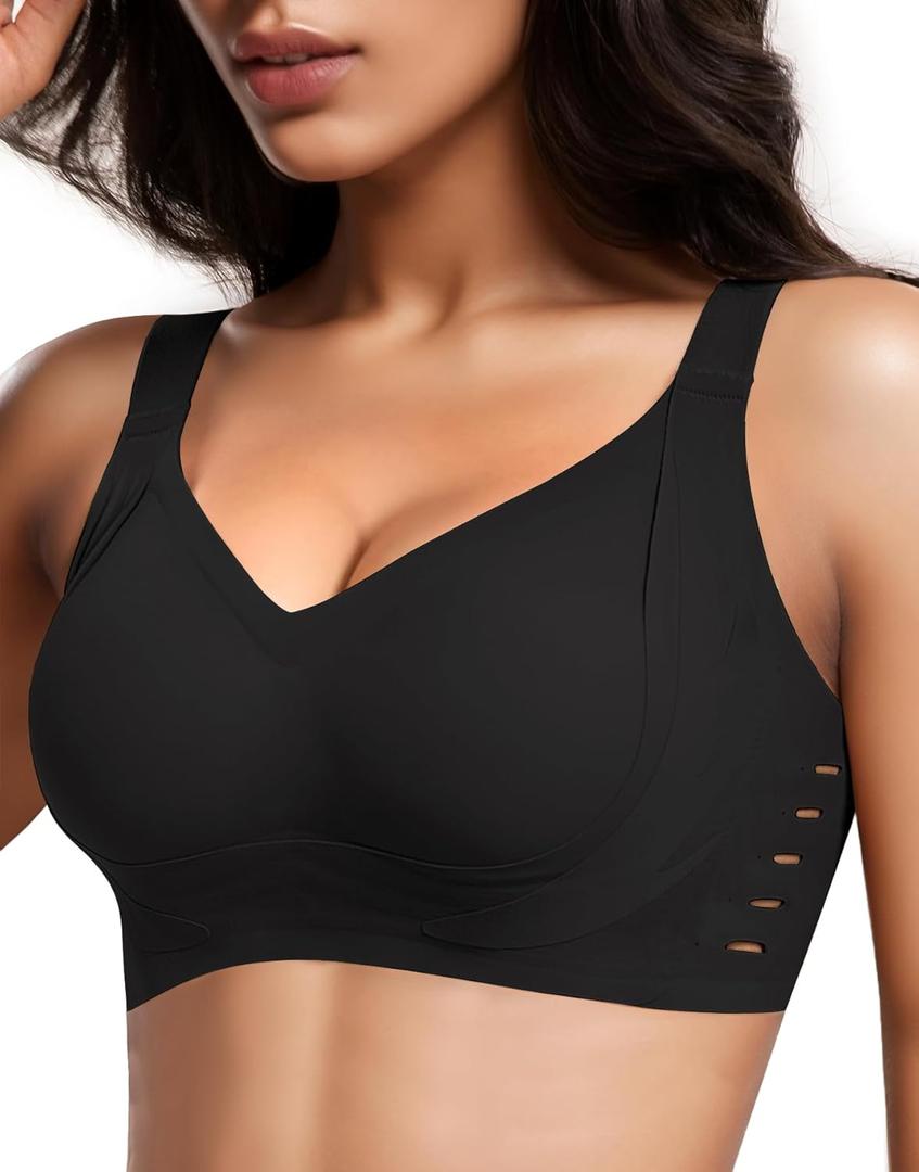 Women's Seamless Wireless Bras No Underwire Push Up Bra Stylish Hollow Out Bralette Full Coverage T Shirt Bra (Black, M)