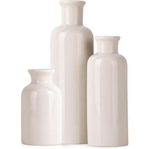 White Ceramic Vase Set - 3 White Small Vases, Farmhouse Country Flower Vase Home Decor, Living Room Decoration, Table Decoration, Fireplace Decor, and Entrance Decorations Centerpieces