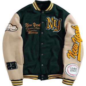 GORGLITTER Men's Letter Graphic Varsity Jacket Long Sleeve Striped Trim Button Bomber Jackets (L)