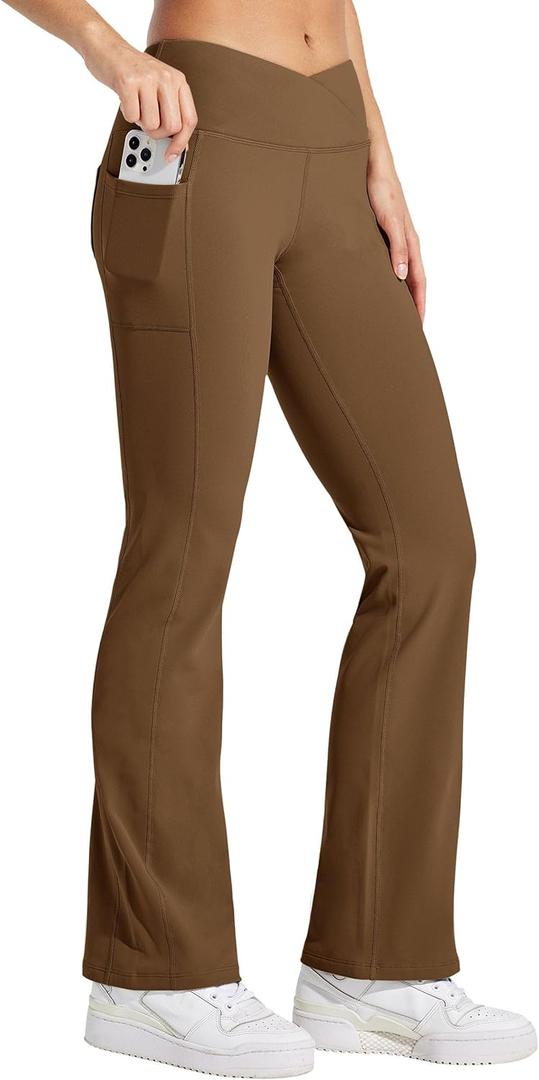 Willit Women's Fleece Lined Pants Yoga Crossover Leggings Bootcut Thermal Winter Pants Flare Leggings Water Resistant (XX-Large, Coffee Brown)
